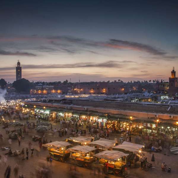 Jemaa el-Fnaa Square illuminated at dusk, Marrakesh, Morocco